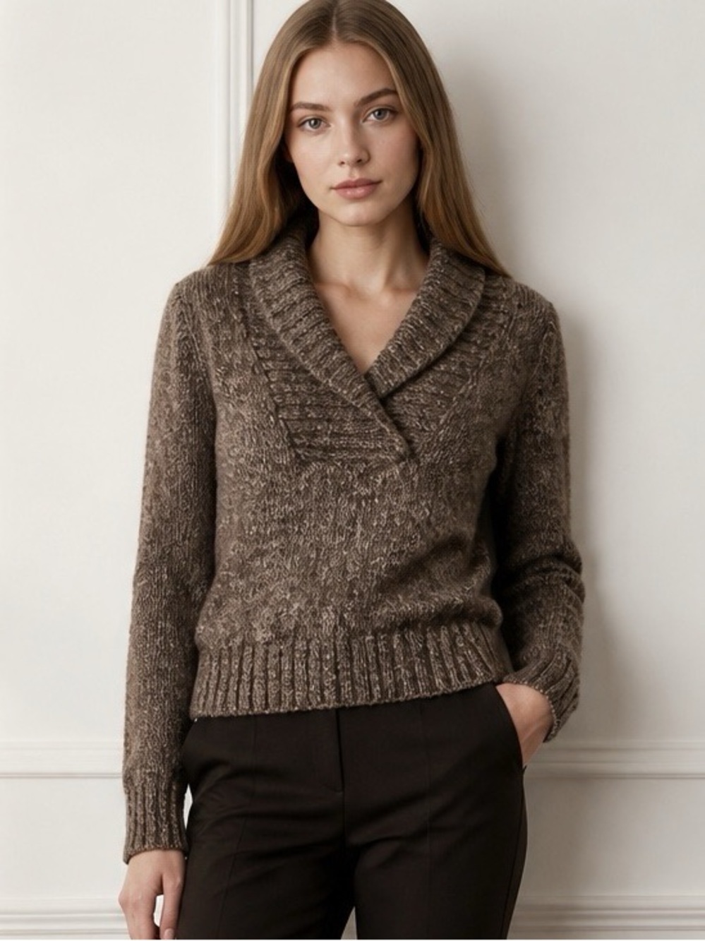 Suzy Shier Brown V-Neck Chunky Sweater Size Small